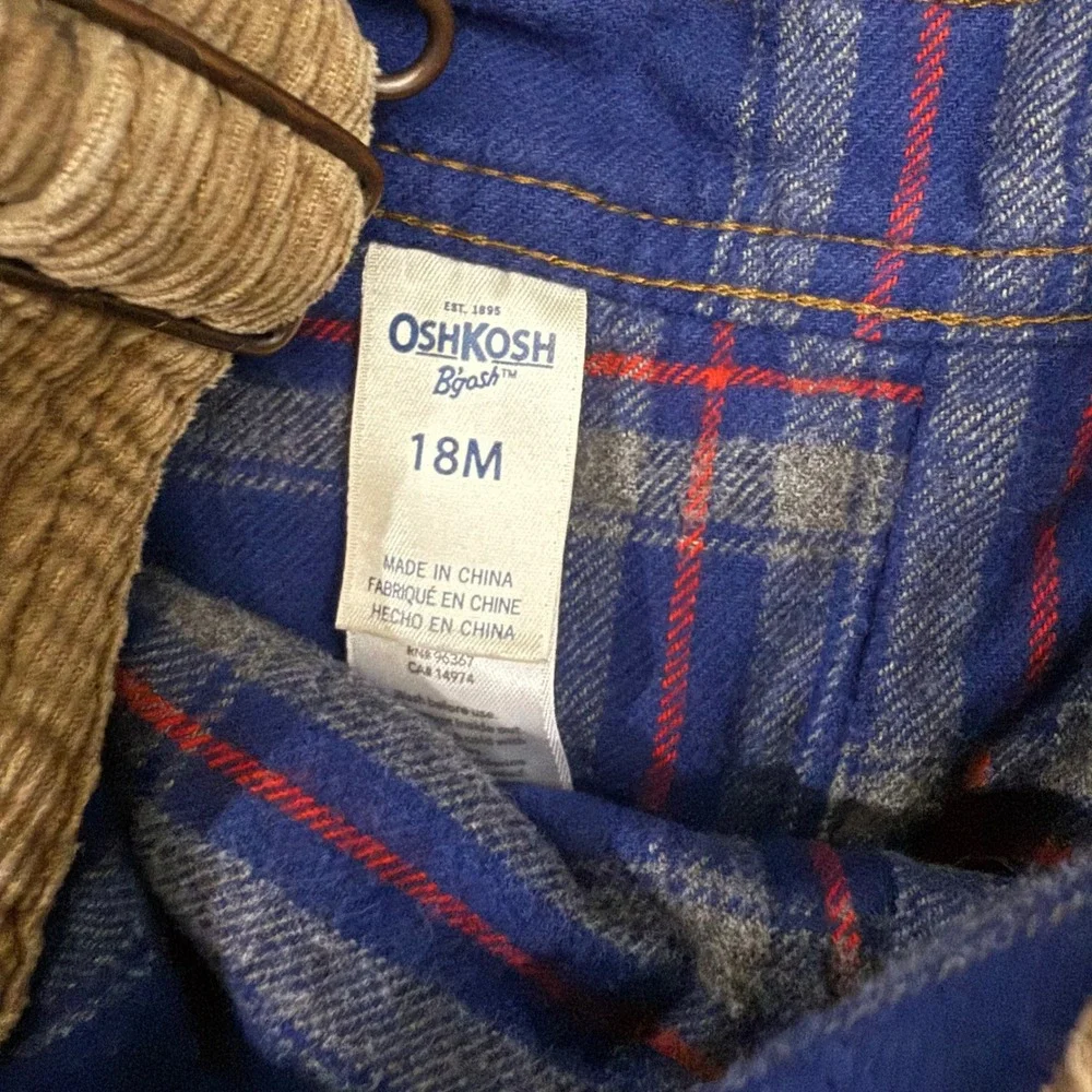 OshKosh Corduroy Overalls Plaid Flannel Lined Cuffed Bottoms Adjust. Straps 18M‎